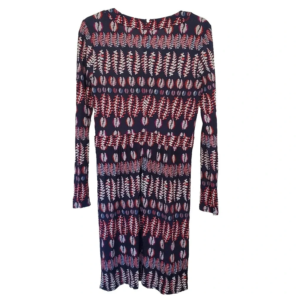 Tory Burch Navy Red Leaf Print V-Neck Long Sleeve Jersey Dress Small 51152494